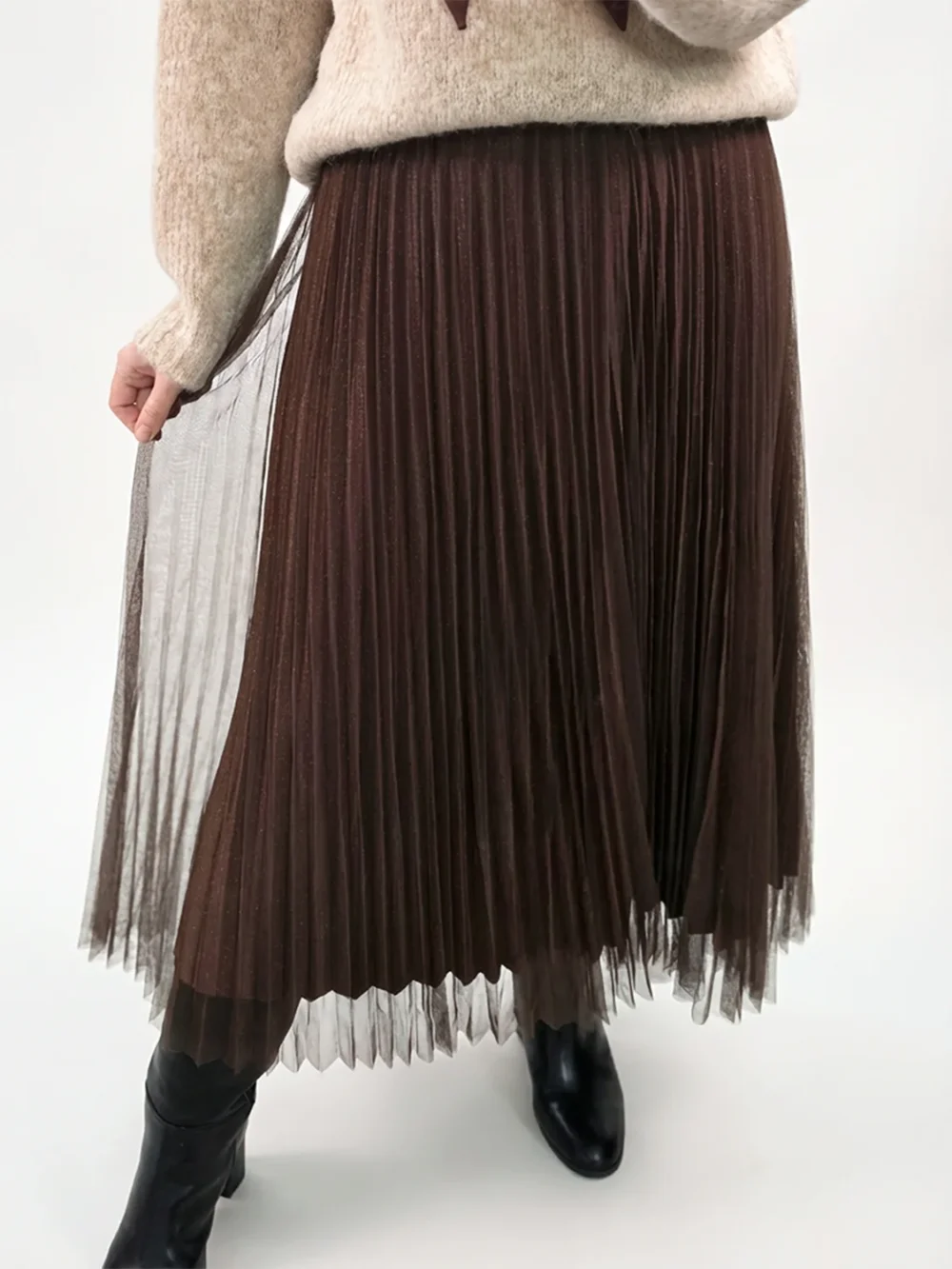 Dwustronna plisowana spódnica maxi – w kolorze czekoladowym